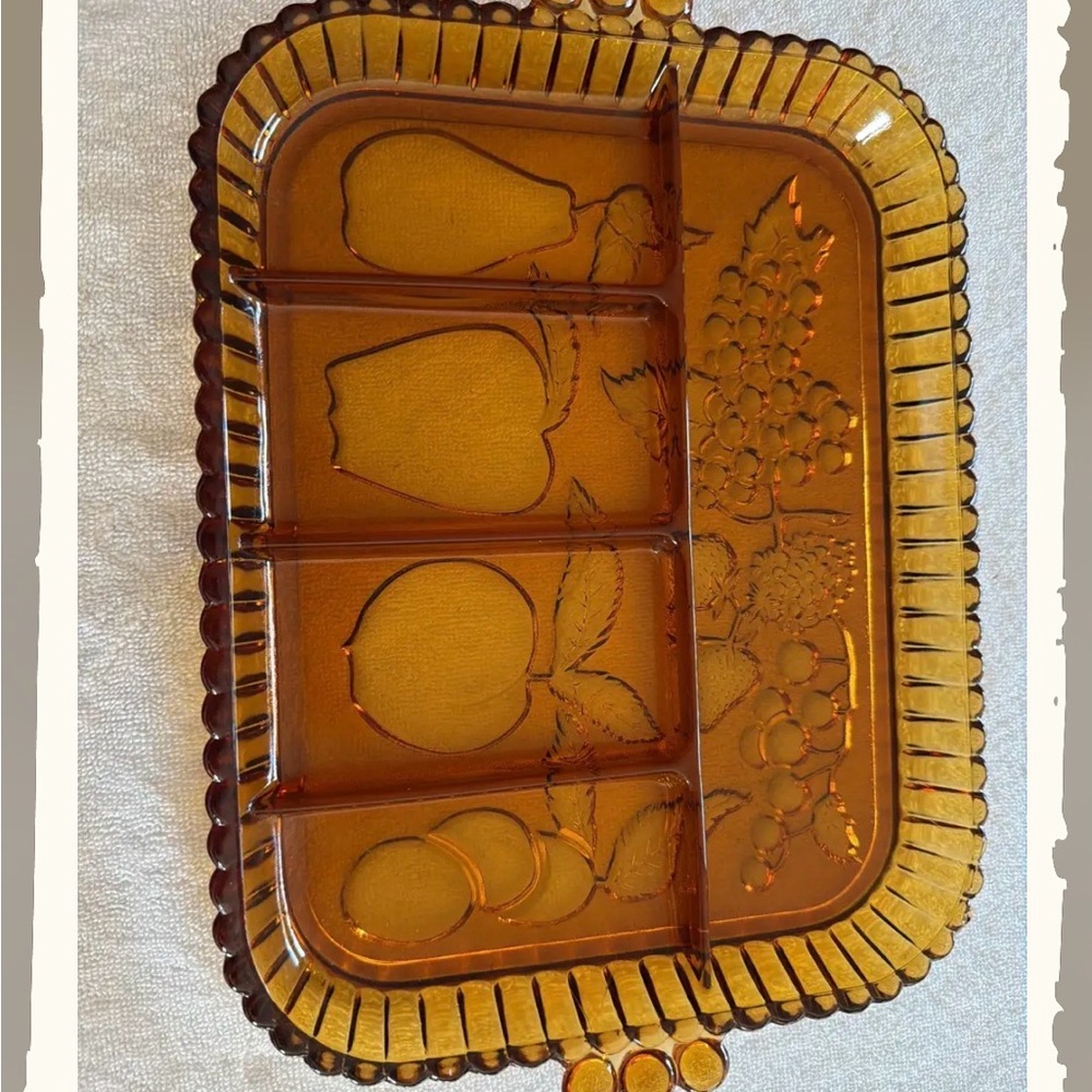 Indiana Glass Amber Divided Serving Tray with Fruit Motif